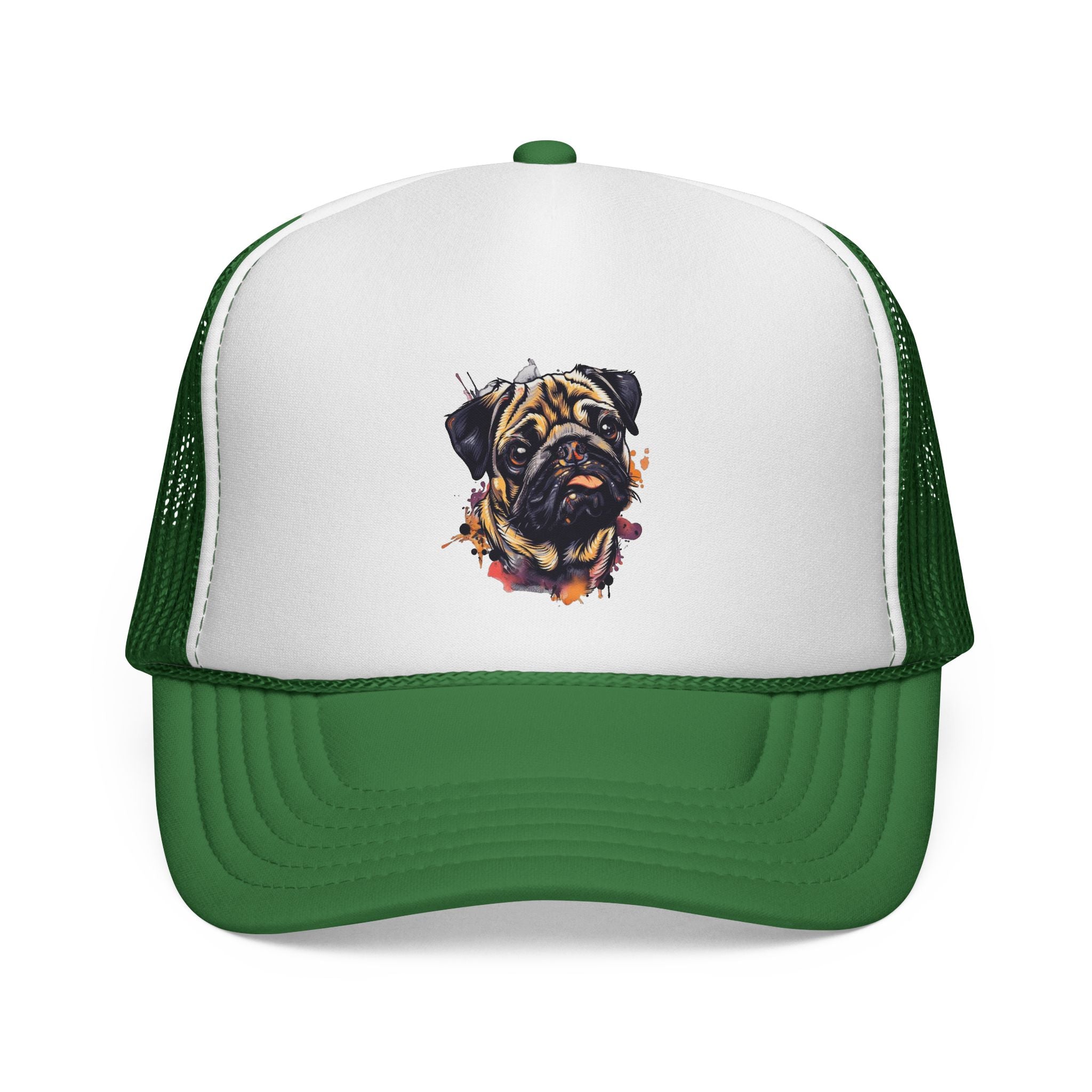 Pug Portrait Trucker Cap — Watercolor Dog Face Mesh Hat