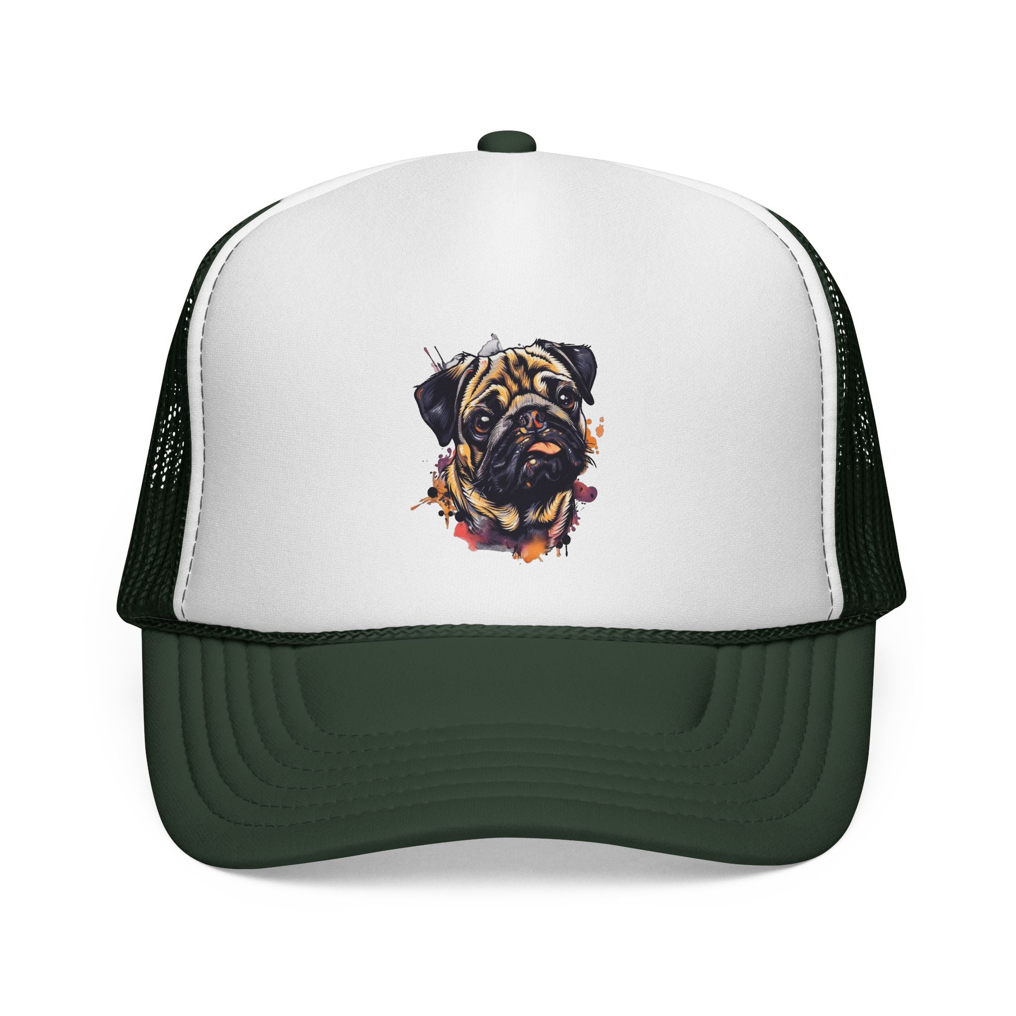 Pug Portrait Trucker Cap — Watercolor Dog Face Mesh Hat