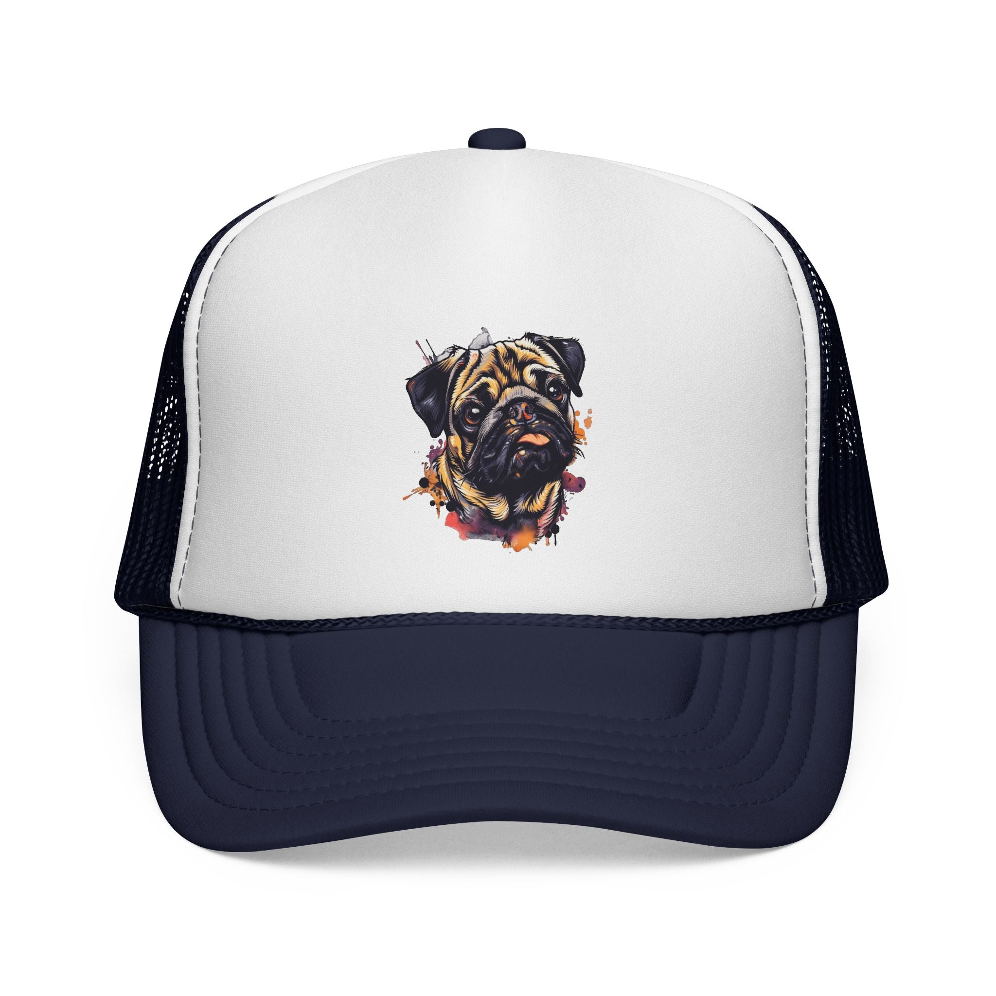 Pug Portrait Trucker Cap — Watercolor Dog Face Mesh Hat