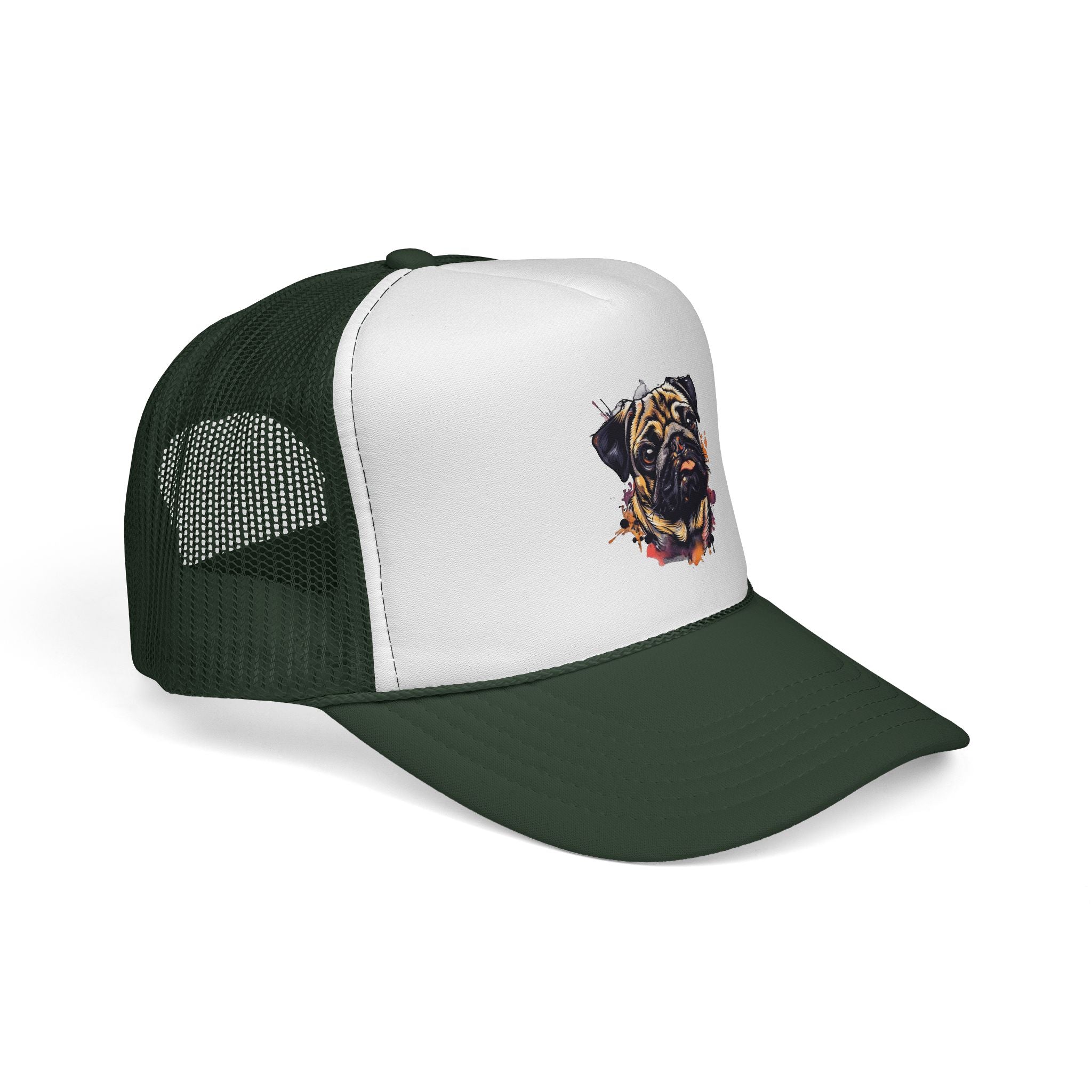 Pug Portrait Trucker Cap — Watercolor Dog Face Mesh Hat