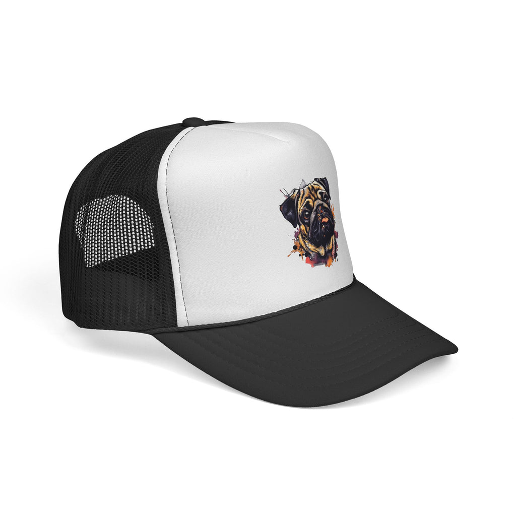 Pug Portrait Trucker Cap — Watercolor Dog Face Mesh Hat