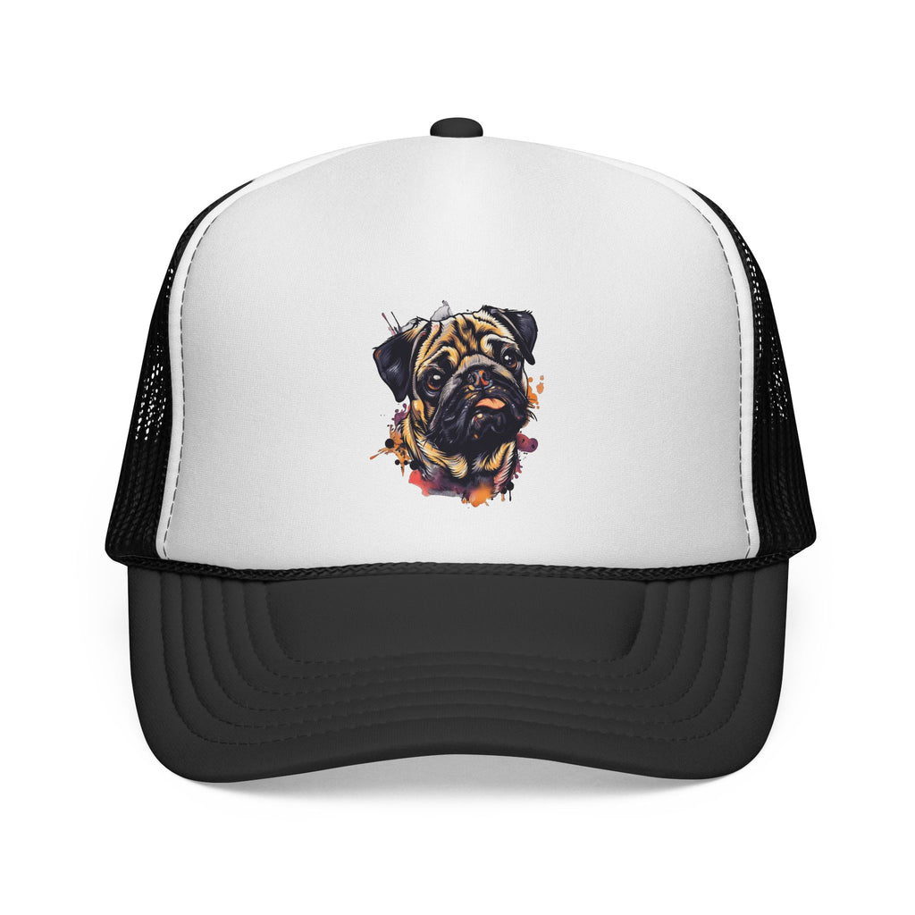 Pug Portrait Trucker Cap — Watercolor Dog Face Mesh Hat