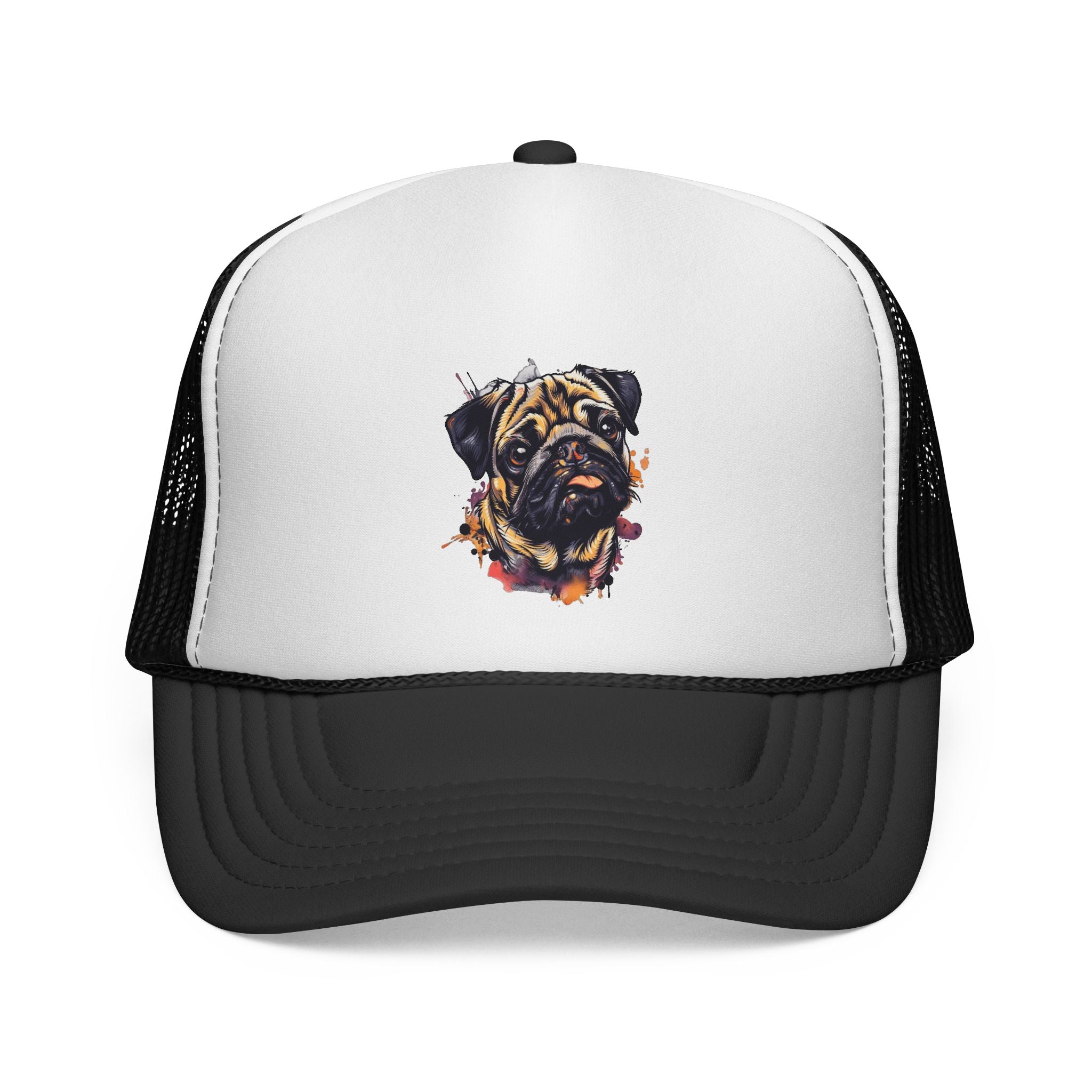 Pug Portrait Trucker Cap — Watercolor Dog Face Mesh Hat