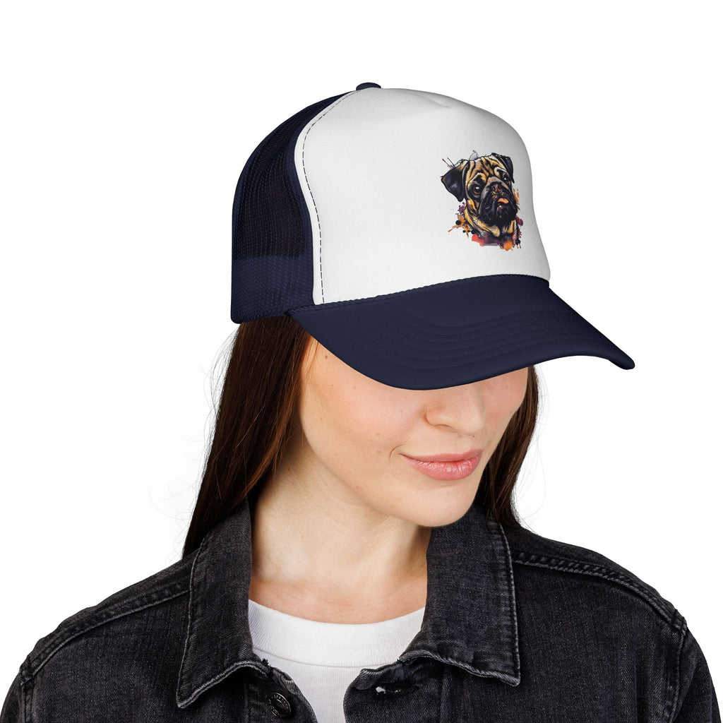 Pug Portrait Trucker Cap — Watercolor Dog Face Mesh Hat