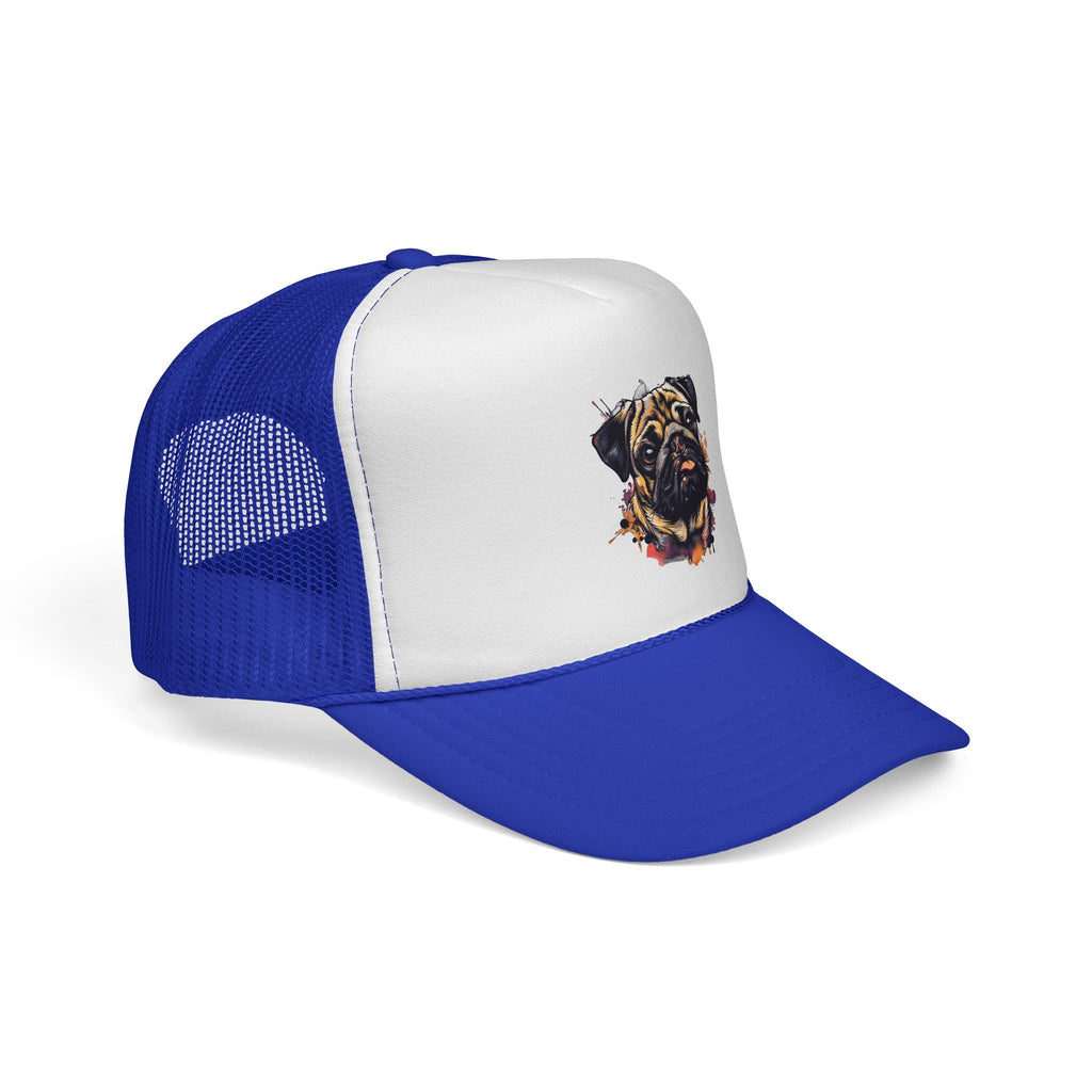 Pug Portrait Trucker Cap — Watercolor Dog Face Mesh Hat