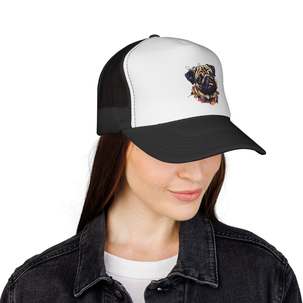 Pug Portrait Trucker Cap — Watercolor Dog Face Mesh Hat