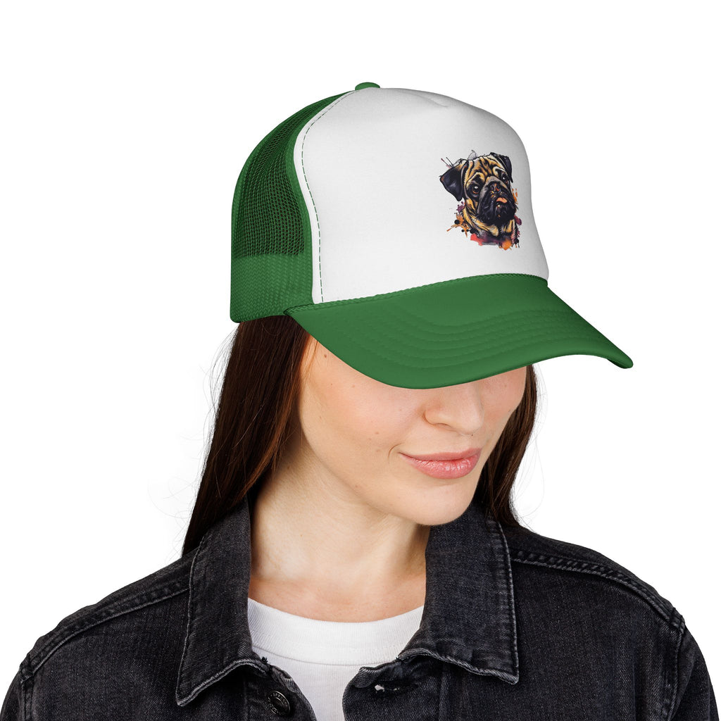 Pug Portrait Trucker Cap — Watercolor Dog Face Mesh Hat