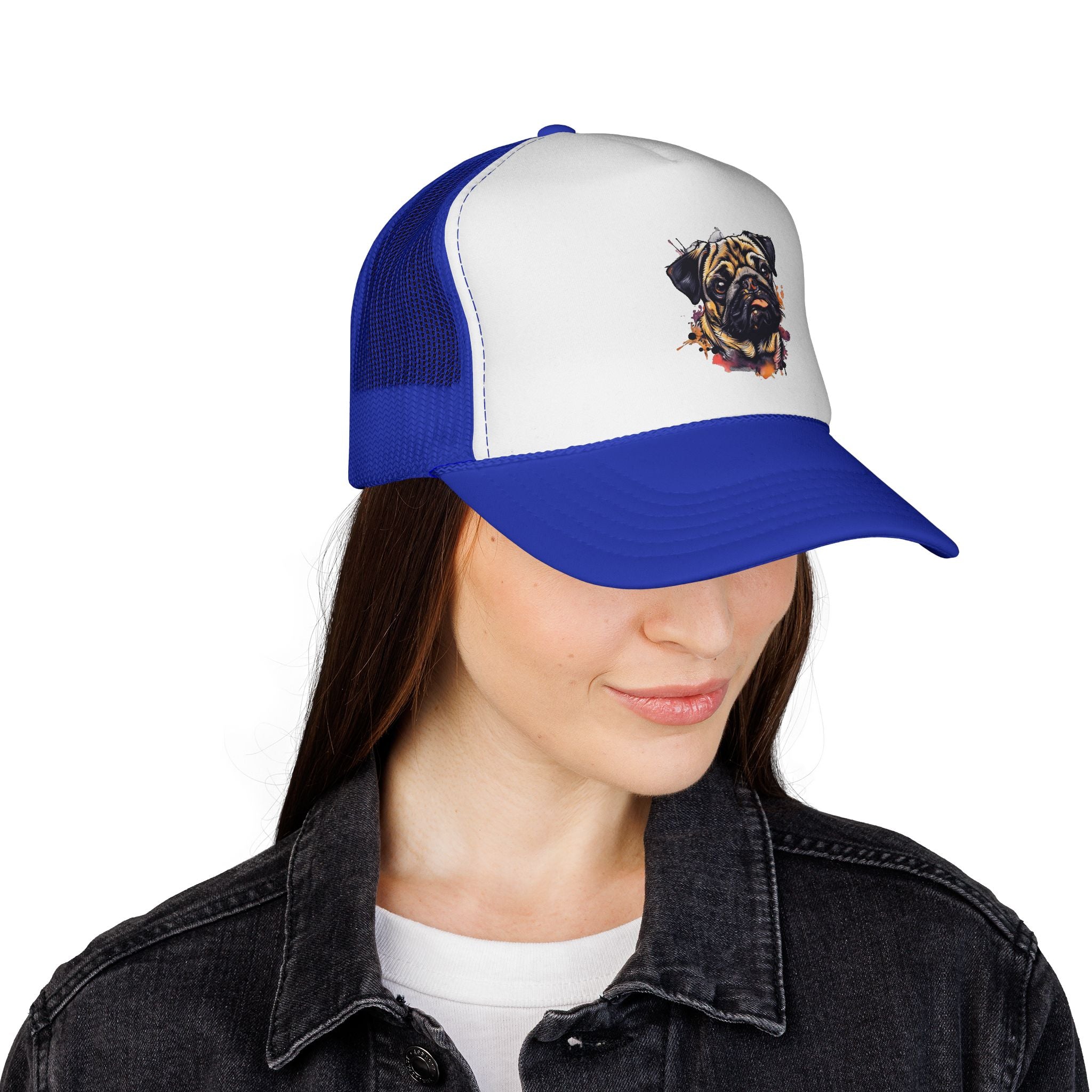 Pug Portrait Trucker Cap — Watercolor Dog Face Mesh Hat