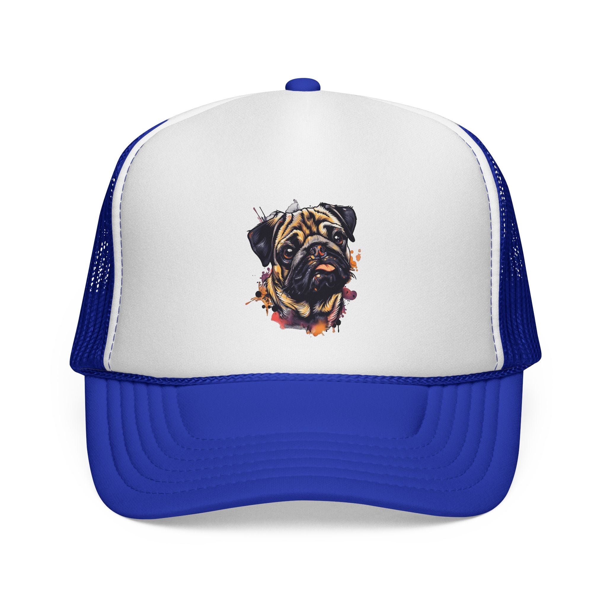 Pug Portrait Trucker Cap — Watercolor Dog Face Mesh Hat
